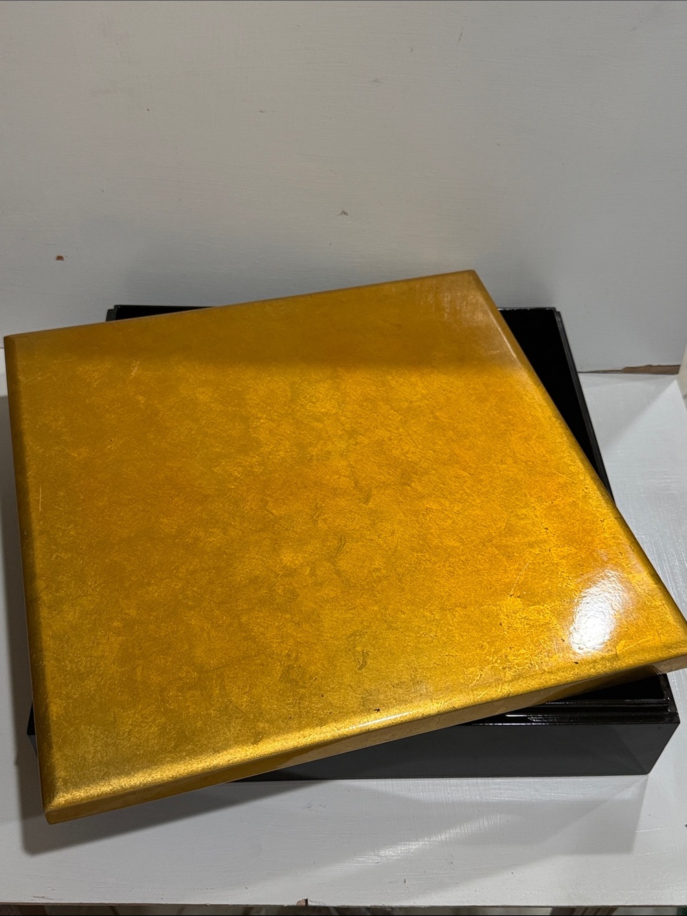 High Gloss Laquered Decorative Black Box with Gold Cover Lid 13” Square